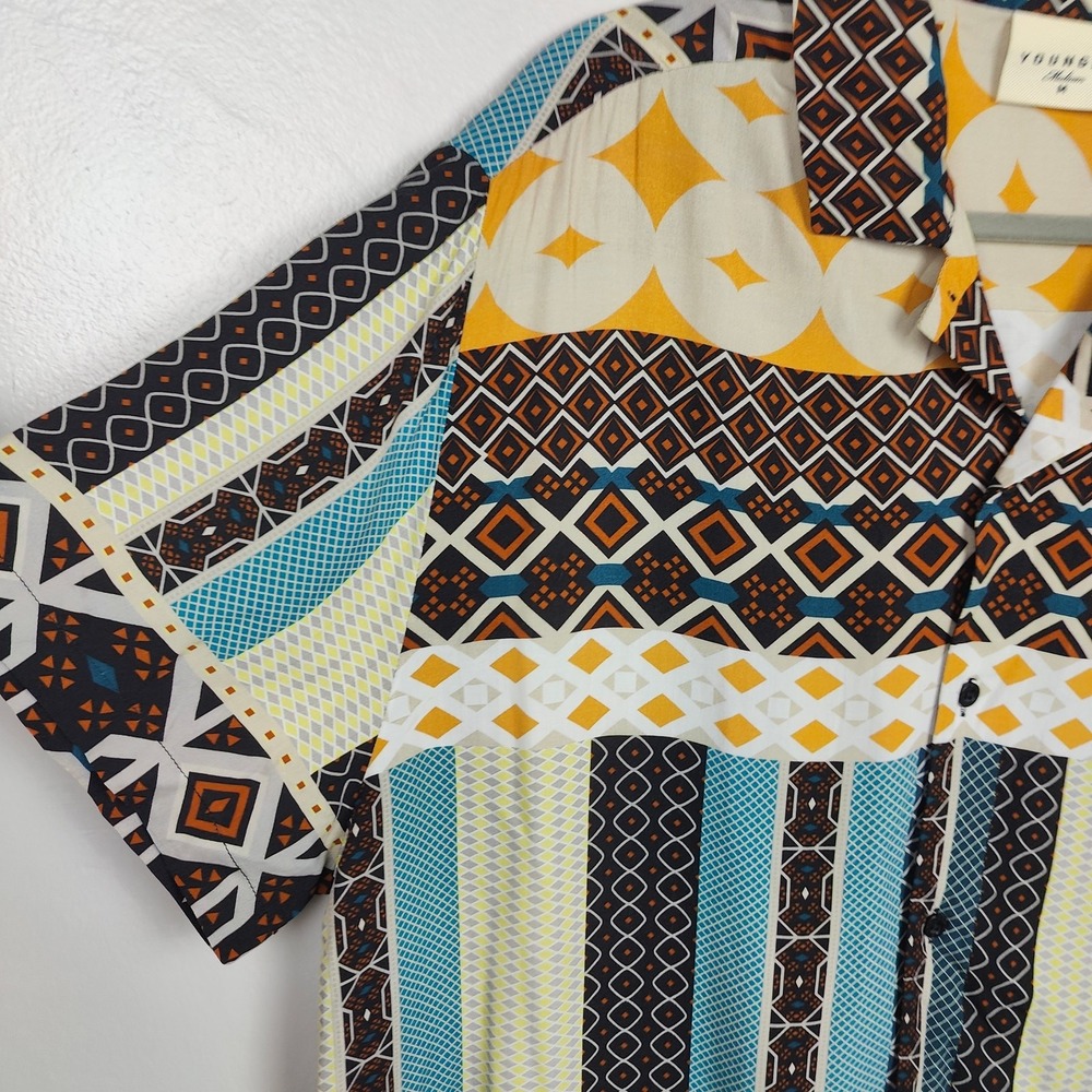 YoungLA Button Up‎ Shirt Mens Medium AOP All Over Tribal Print Viscose Preppy - Picture 2 of 6